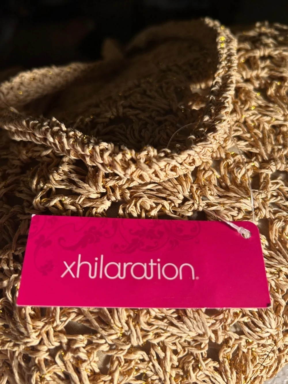Xhilaration Crochet Raffia & Gold Metallic Tote Bag Boho Travel Beach Cottage